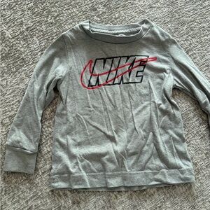 Nike Kids Grey Long-Sleeve Logo Tee with Red Swoosh